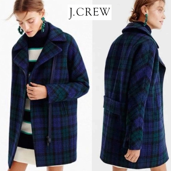J. Crew 100% Wool Zippered Coat Black Watch Tartan 10 Plaid Academia Peacoat - Picture 2 of 16